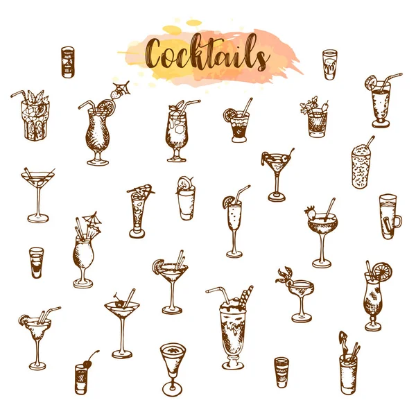 Icônes de cocktail. Ensemble de cocktails dessinés à la main. Croquis de la boisson alcoolisée dans différents verres isolés sur fond blanc . — Image vectorielle