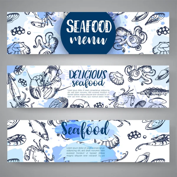Banderas de mariscos Ilustraciones vectoriales dibujadas a mano. Lago de peces en estilo de arte de línea. Vector mar y océano criaturas para el diseño de menú de mariscos . — Vector de stock