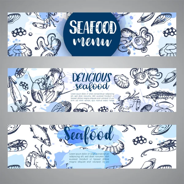 Conjunto de plantillas de banner de mariscos. Ilustraciones vectoriales dibujadas a mano. Peces del océano en estilo grabado. Boceto de cangrejo, langosta, camarón, ostra, mejillón, caviar y calamar — Vector de stock