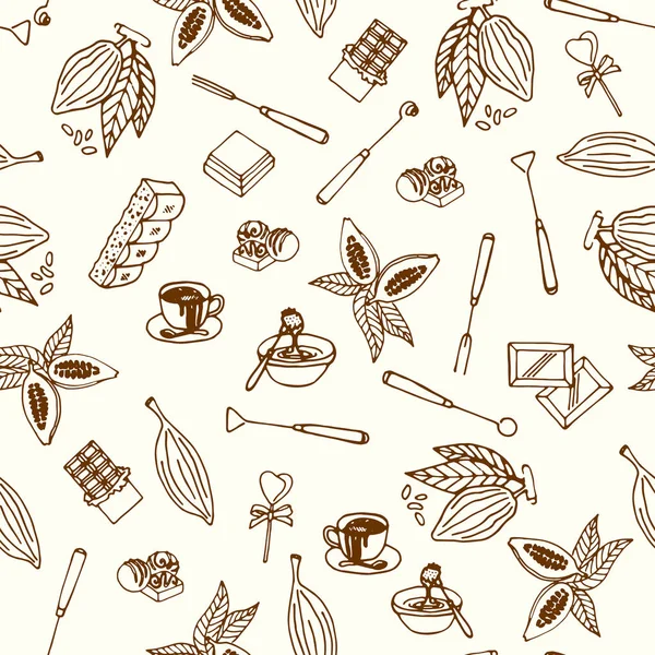 Croquis chocolat cacao motif sans couture. Menu design pour restaurant, magasin, confiserie, cuisine, café, cafétéria, bar. Icône ou emblème de ligne de fèves de cacao . — Image vectorielle