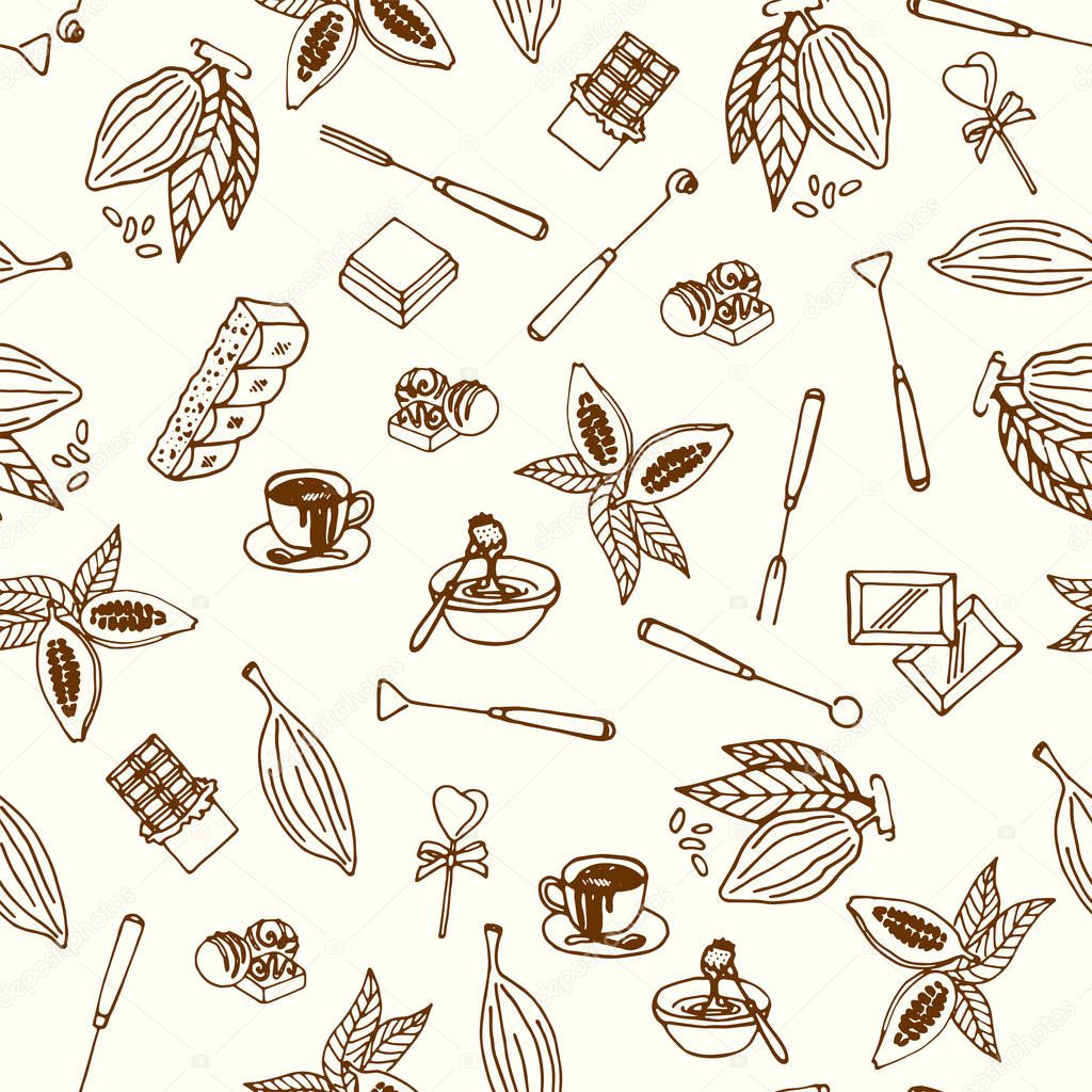 Chocolate cacao sketch seamless pattern. Design menu for restaurant, shop, confectionery, culinary, cafe, cafeteria, bar. Cocoa beans line icon or emblem.
