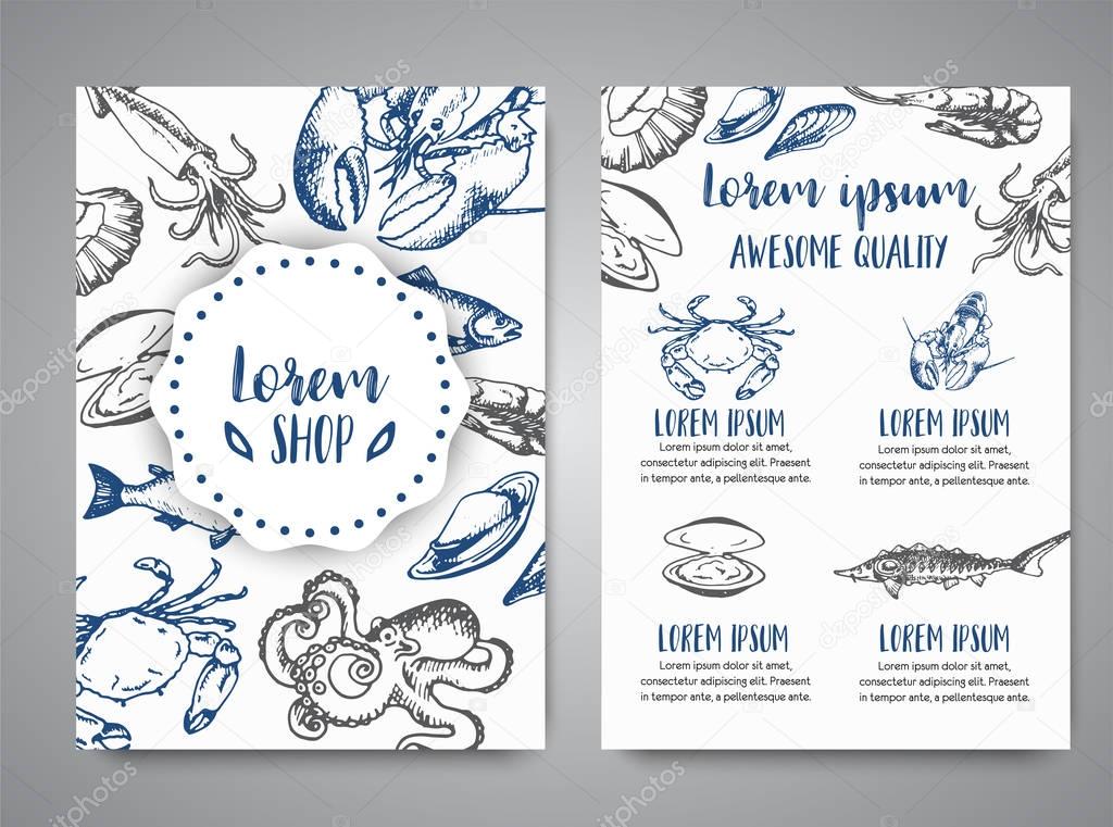 Seafood banner vector template set. Hand drawn vector illustrations. Gift certificate. Sketch of crab, lobster, shrimp, oyster, mussel