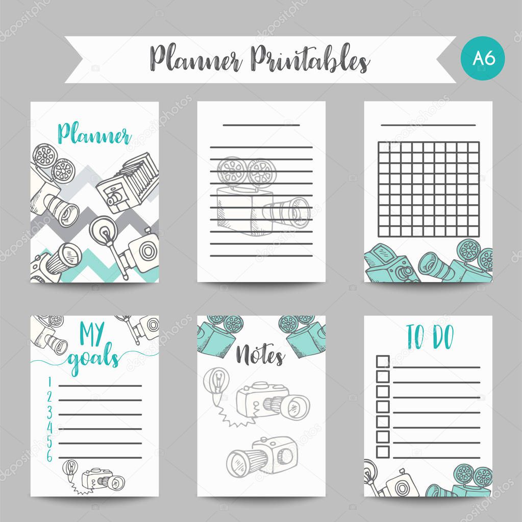 Calendar Daily and Weekly Planner Template. Note Paper and Stickers Set with hand drawn retro photo cameras, vector illustration. Photo and video theme design. Diary for blogger, photographer
