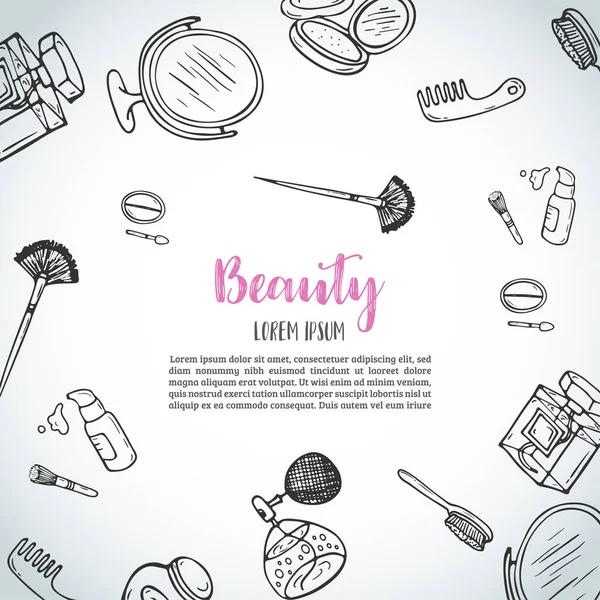 Make-up hand getrokken achtergrond. Doodle schoonheid items. Collectie van borstels, nagel poetsmiddelen, lippenstiften. — Stockvector