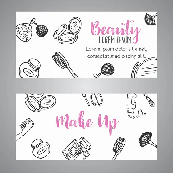 Bannière d'entreprise de maquillage Cosmétiques articles. Publicité pour boutique, salon de beauté, conception de flyer, modèle web. Illustration vectorielle — Image vectorielle