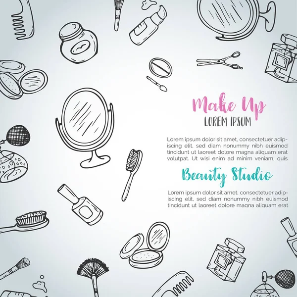 Make-up hand getrokken achtergrond. Doodle schoonheid items. Collectie van borstels, nagel poetsmiddelen, lippenstiften. — Stockvector