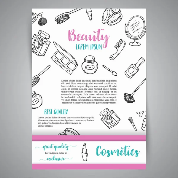 Brochure d'entreprise de maquillage et bannière. Produits cosmétiques. Publicité pour boutique, salon de beauté, conception de flyer, modèle web. Illustration vectorielle — Image vectorielle