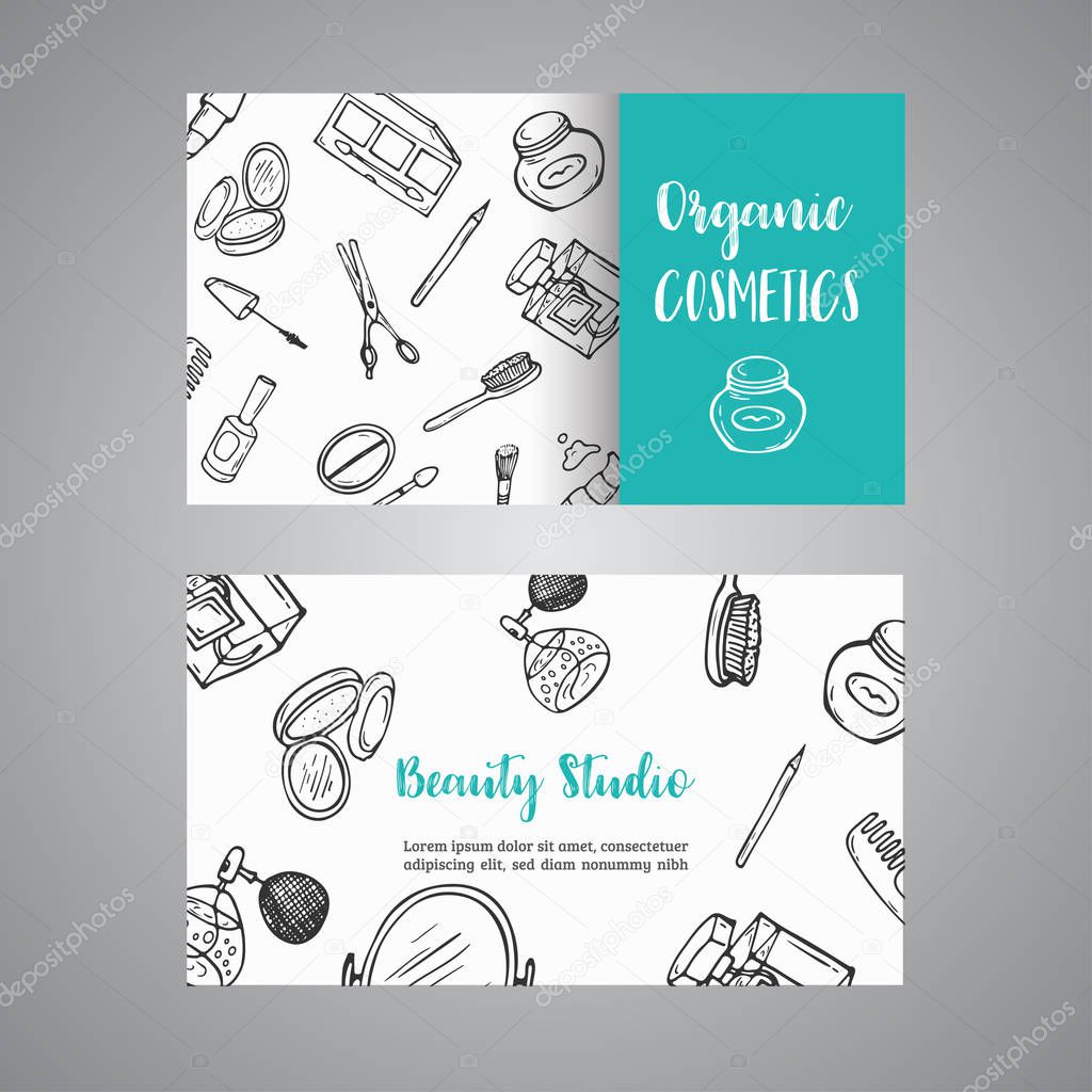 Makeup artist business card. Advert for shop, beauty salon, flyer. Vector illustration
