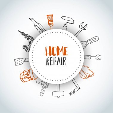 El ev geliştirme İnşaat aletleri ile yuvarlak çerçeve çizilmiş arka plan.