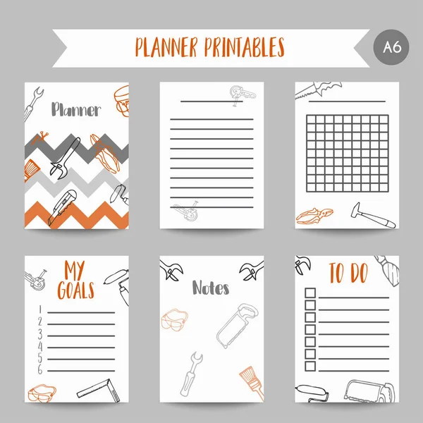 Bussiness planner Home improvement construction tools hand drawn notes. Printables for men — Stock Vector