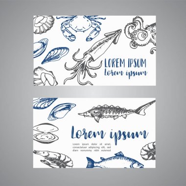 Deniz ürünleri kartları vektör şablon kümesi. El vektör çizimler çekilmiş. Yengeç, ıstakoz, karides Restoran menü tasarımı için kroki.
