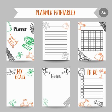 Kartları ve semboller için planlayıcısı düzenledi. Printables tarvel elemanları ile. Eyfel Kulesi tasarım. Dizüstü bilgisayarlar için vektör şablonu