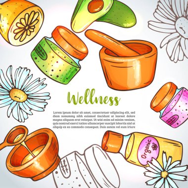 Sağlık Merkezi illüstrasyon. Çizilmiş spa ve aromaterapi öğeleri ver. Doğal kozmetik karikatür kroki. Spa Club arka plan