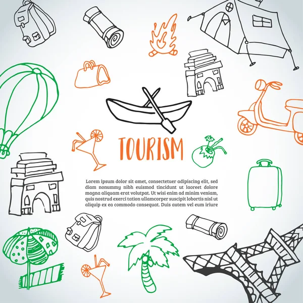 Ručně kreslené cestování doodle pozadí. Cestovní ruch a letní náčrt s cestováním prvky: zavazadla, Eiffel Tower, pláž koktejl, Tábor. — Stockový vektor
