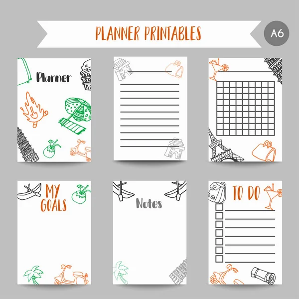 Tarjetas y símbolos para organizarte planificador. Imprimibles con elementos de tarvel. Diseño de torre Eiffel. Plantilla vectorial para portátiles — Vector de stock