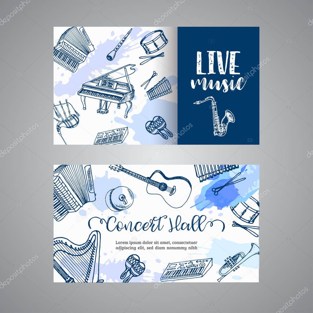 Live Music Tickets Music Instruments, banner design. Hand drawn drum, piaono, violin, guitar and saxophone on paint splashes. Vector