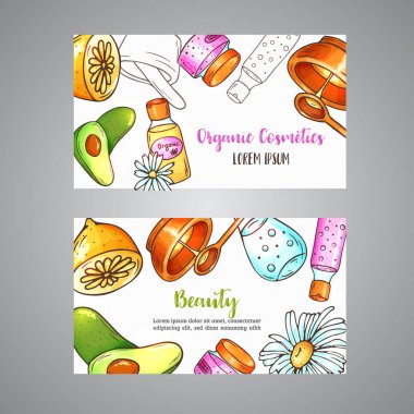 Organik Kozmetik kartı. Çizilmiş spa ve aromaterapi öğeleri ver. Doğal kozmetik karikatür vektör çizimi. Spa Club afiş