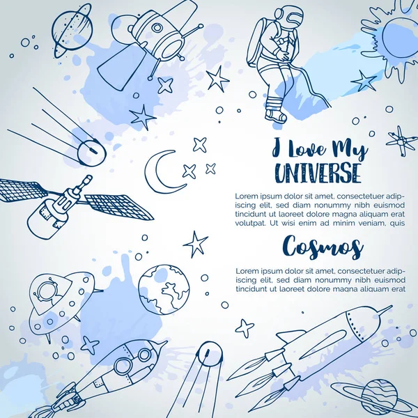 I love my Universe slogan Space background Hand Drawn Illustrations. Planets and ships drawings. Sketch of universe Vector design Cosmos vector illustration — Stock Vector