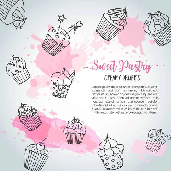 Cupcake háttér, handdrawn cupcakes és rózsaszín. A tésztához szlogen. Vektor — Stock Vector