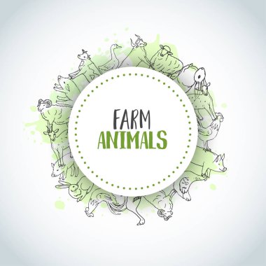 El çiftlik hayvan arka plan çekilmiş. Tarım illüstrasyon. Vektör çiftlik öğeleri. El kabataslak kaz, horoz, tavuk