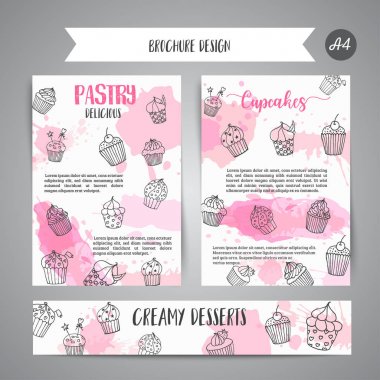 Cupcake broşür handdrawn çörekler ve pembe sıçraması ile. Lezzetli pasta sloganı. Fırın afiş şekerlemeler vektör