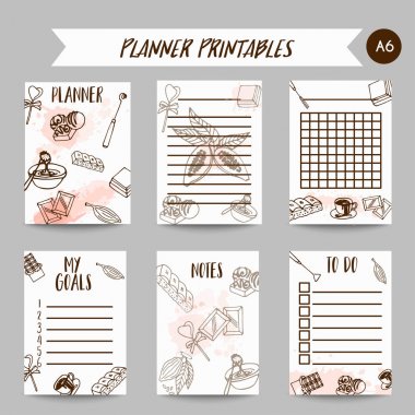 Çikolata Printables kakao kroki planlayıcısı. Kakao Organizatör. Restoran, dükkan, şekerlemeler için tasarım. Bar, kafe notlar için. Yapılacaklar listesi için. Vektör