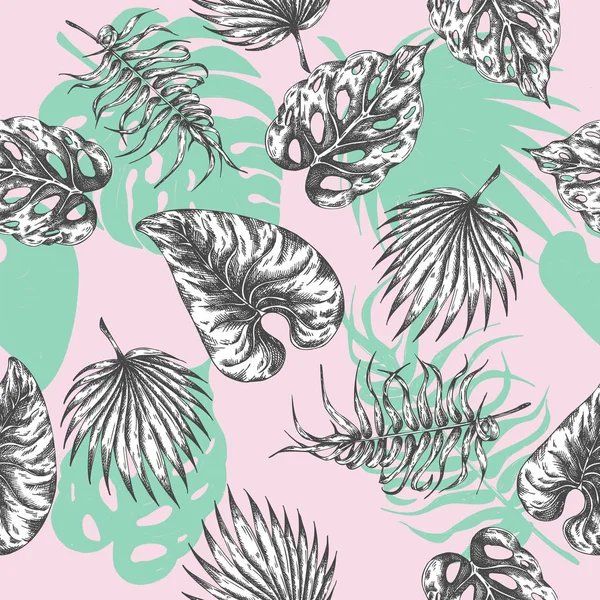 Hojas tropicales. patrón sin costuras Fondo botánico con plantas tropicales. Hoja de palma exótica estampado textil Verano paraíso diseño — Archivo Imágenes Vectoriales