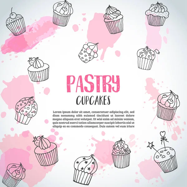 Fundo de bolo com cupcakes desenhados à mão e salpicos rosa. Slogan de pastelaria. Vetor — Vetor de Stock