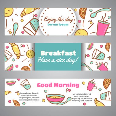 Gün sloganı tadını çıkarın. İyi bir sabah metin. Kafe, fırın kavramı kartvizit. Coffeee ve çay vektör tasarım çizgi Icons