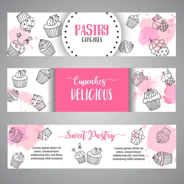 Cupcake banners with handdrawn cupcakes and pink splashes. Sweet pastry slogan. Vector — Stock Vector