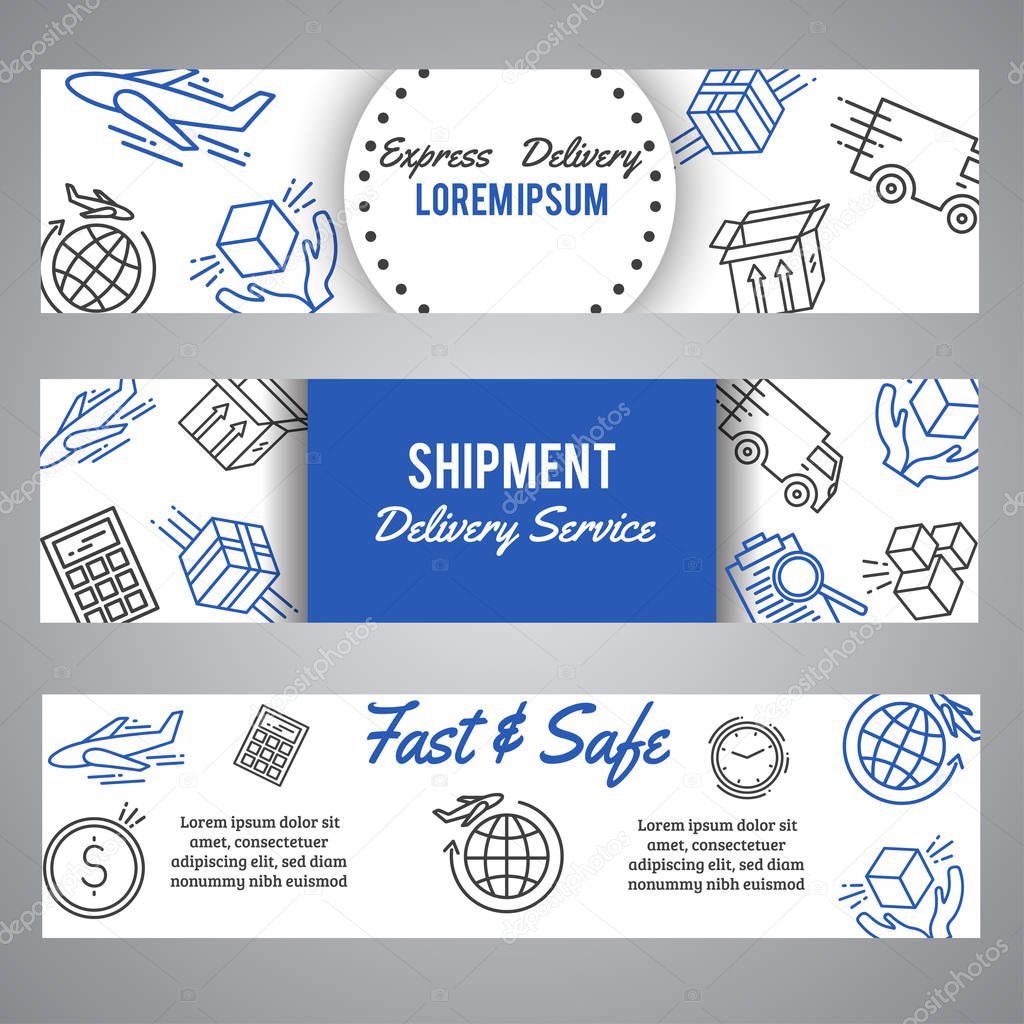 Express delivery and shipment horizntal banners. Courier and shipping elements. Logistic service banner. Line art vector