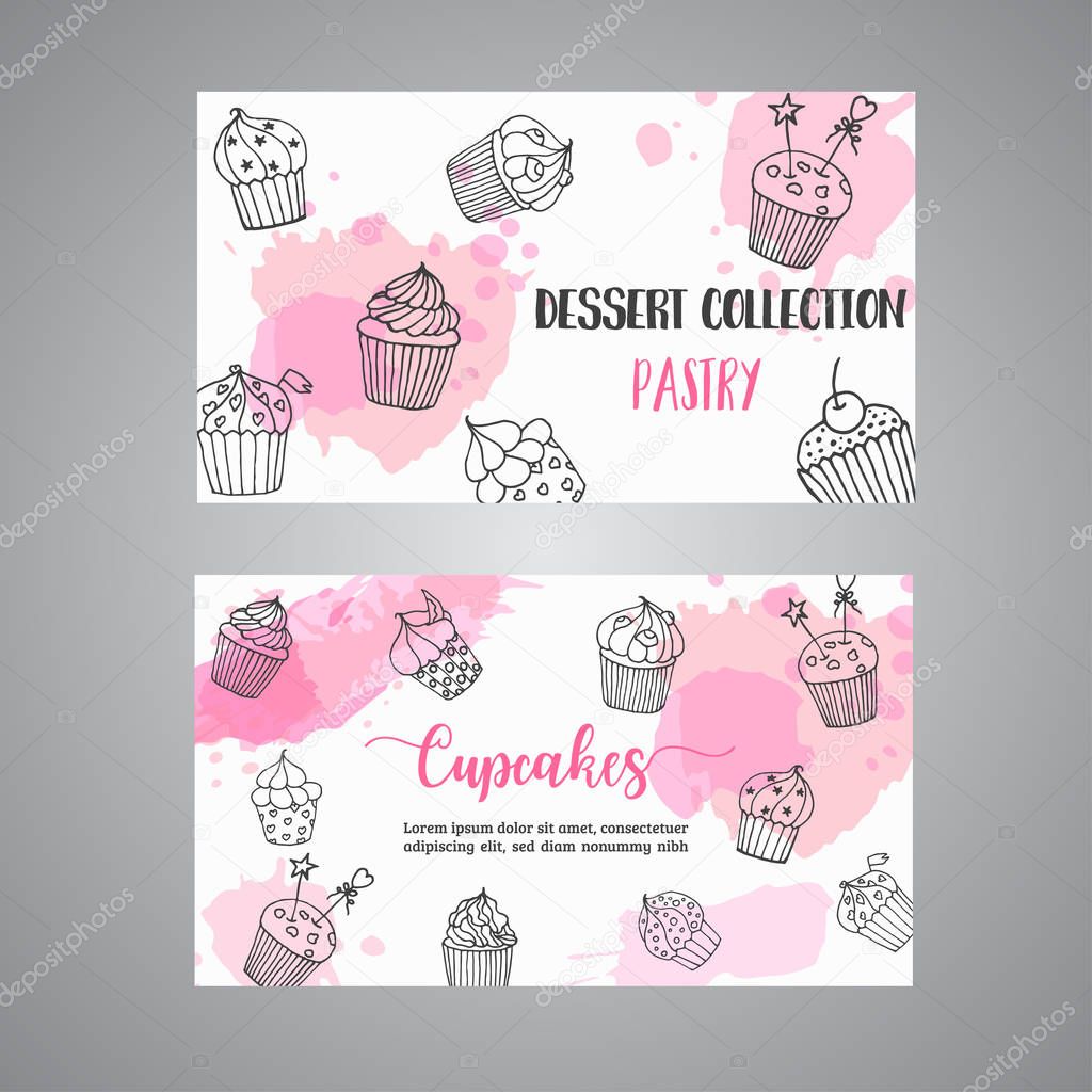 Cupcake cards with handdrawn cupcakes and pink splashes. Pastry, bakery, business card. Vector