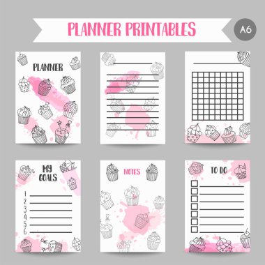 Cupcake printables handdrawn çörekler ve pembe sıçraması ile. Tatlı pasta planlayıcısı. Şirin Not şablonu srapbook Organizatör şablonu için