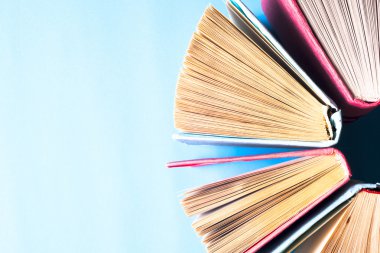 Bir daire içinde parlak renkli ciltli kitapların Üstten Görünüm.