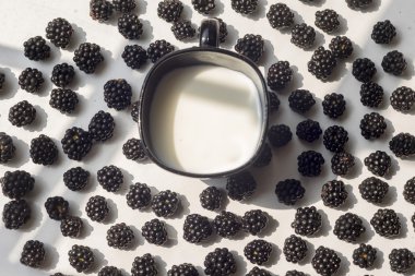 Çeşitli taze yaz meyveleri. Böğürtlen ve fincan süt beyaz arka plan üzerinde izole. Üstten Görünüm