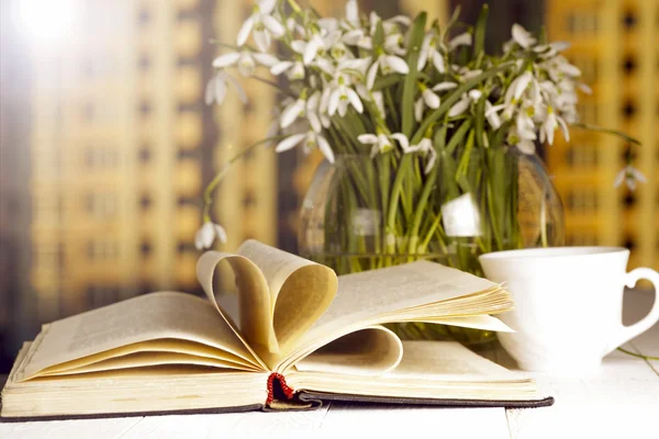 pencerenin önünde kitap sabah çiçek. Kopya s
