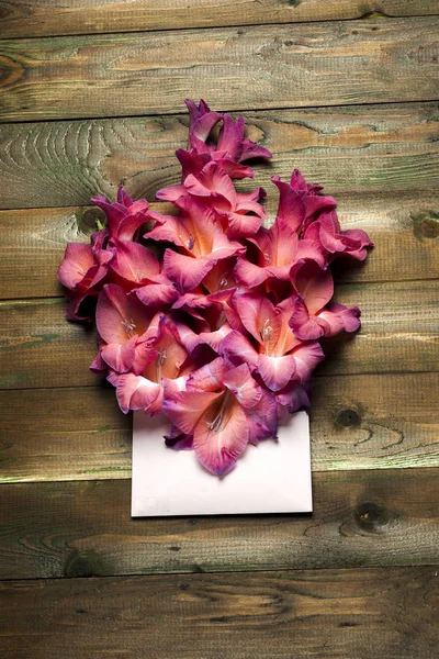 Flores coloridas en sobre, concepto de entrega de flores. felicitar . —  Fotos de Stock