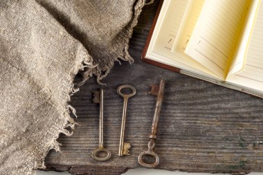 antika kitap ve eski anahtarlar üzerinde rustik ahşap arka plan.