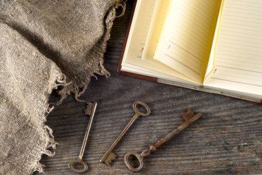 antika kitap ve eski anahtarlar üzerinde rustik ahşap arka plan.
