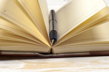 Close-up van open boek en pen.