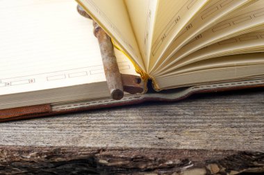 antika kitap ve eski anahtarlar üzerinde rustik ahşap arka plan.