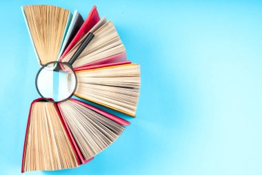 Bir daire içinde parlak renkli ciltli kitapların Üstten Görünüm.