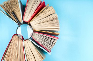 Bir daire içinde parlak renkli ciltli kitapların Üstten Görünüm.