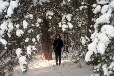 Beyaz kış orman içindeki güzel genç kız