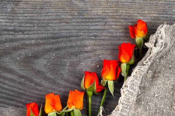 Червоні троянди на дерев'яній дошці, День святого Валентина. — стокове фото