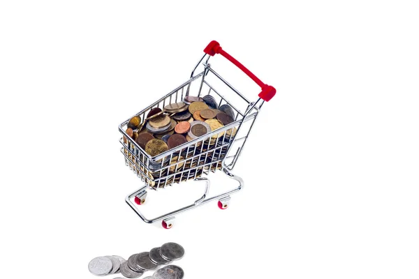 Financiering van conceptuele, munten in het winkelwagentje — Stockfoto