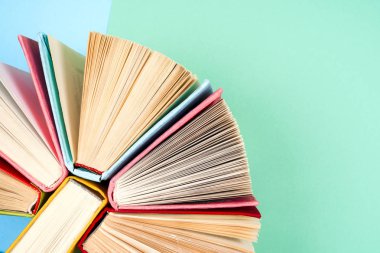 Bir daire içinde parlak renkli ciltli kitapların Üstten Görünüm.