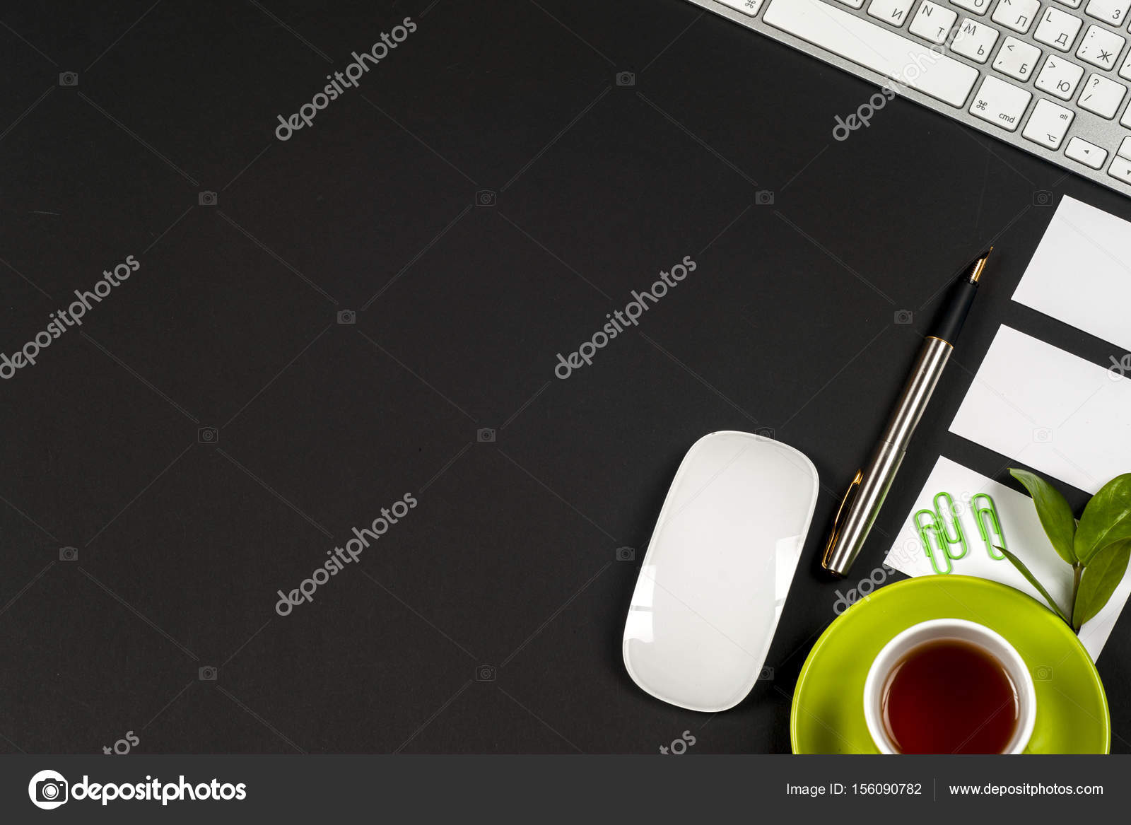 Office Black Desk Table With White Computer Supplies Stock