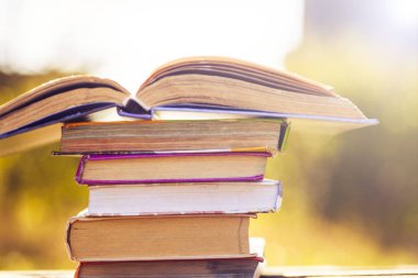 Doğal arka planda tahta masa üzerine açık bir kitap. Yumuşak odak