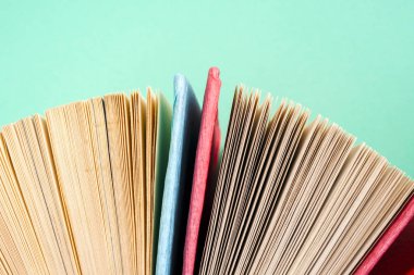 Bir daire içinde parlak renkli ciltli kitapların Üstten Görünüm.